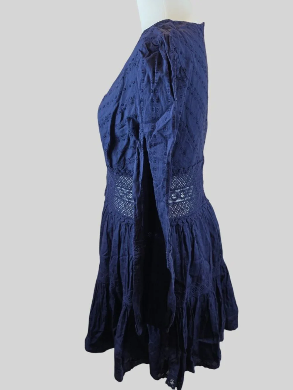 Free People Blue Long Sleeve Mini Dress | Boho Swiss Dot Lace Cutout Dress Size